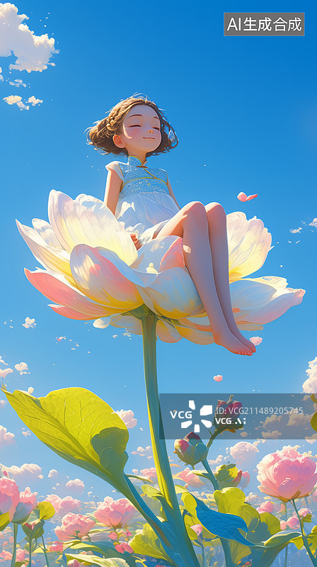 【AI数字艺术】小女孩在白色花瓣中图片素材
