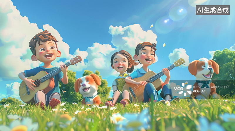 【AI数字艺术】一群快乐的儿童在草地上唱歌图片素材