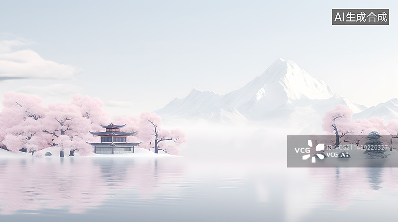 【AI数字艺术】AIGC:唯美国潮风中式建筑户外风景河流湖泊 东方意境背景插图插画图片素材