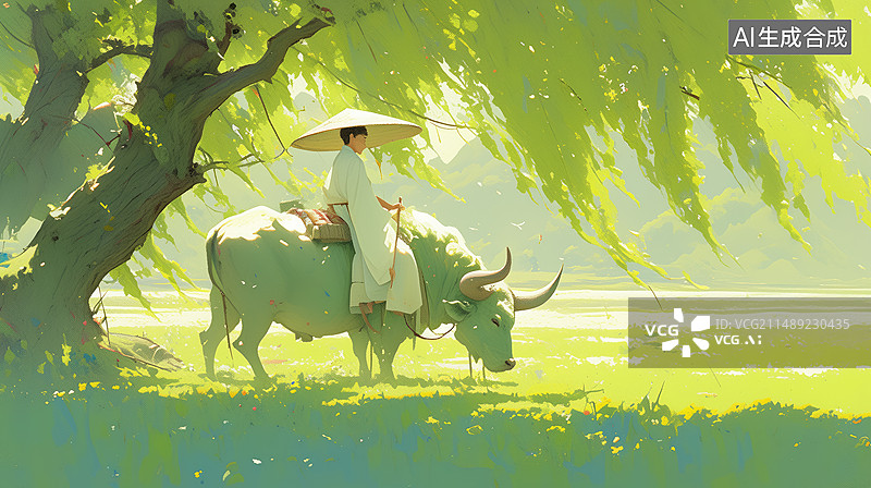【AI数字艺术】春天牧童骑在牛背上图片素材