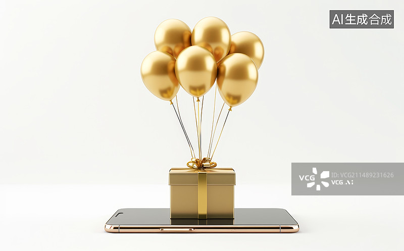 【AI数字艺术】金色礼品盒和金色氢气球图片素材