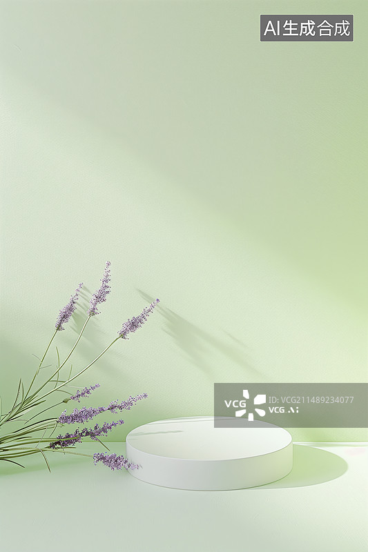 【AI数字艺术】浅绿色圆形小展台和薰衣草图片素材