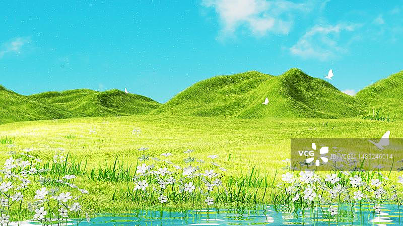 唯美绿色小清新春游旅游春天C4D春天场景图片素材