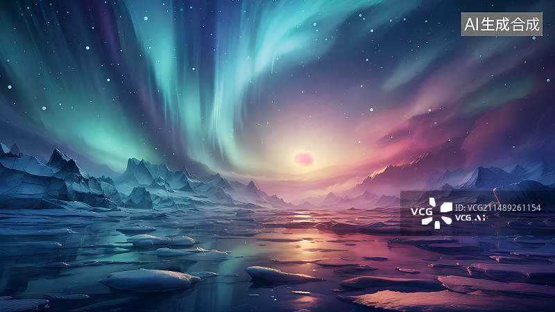【AI数字艺术】极光下的冰川与冰海，梦幻插画图片素材