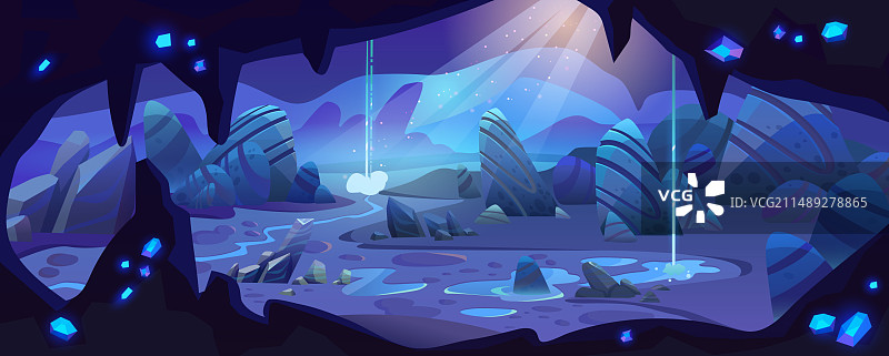 带有蓝色水晶的黑暗洞穴图片素材