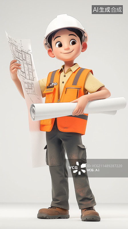 【AI数字艺术】身穿工服手拿图纸的工程师3D人物插画图片素材
