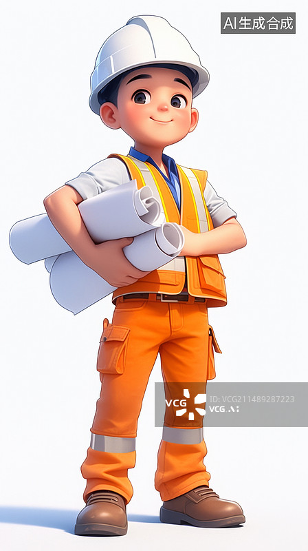 【AI数字艺术】身穿工服手拿图纸的工程师3D人物插画图片素材