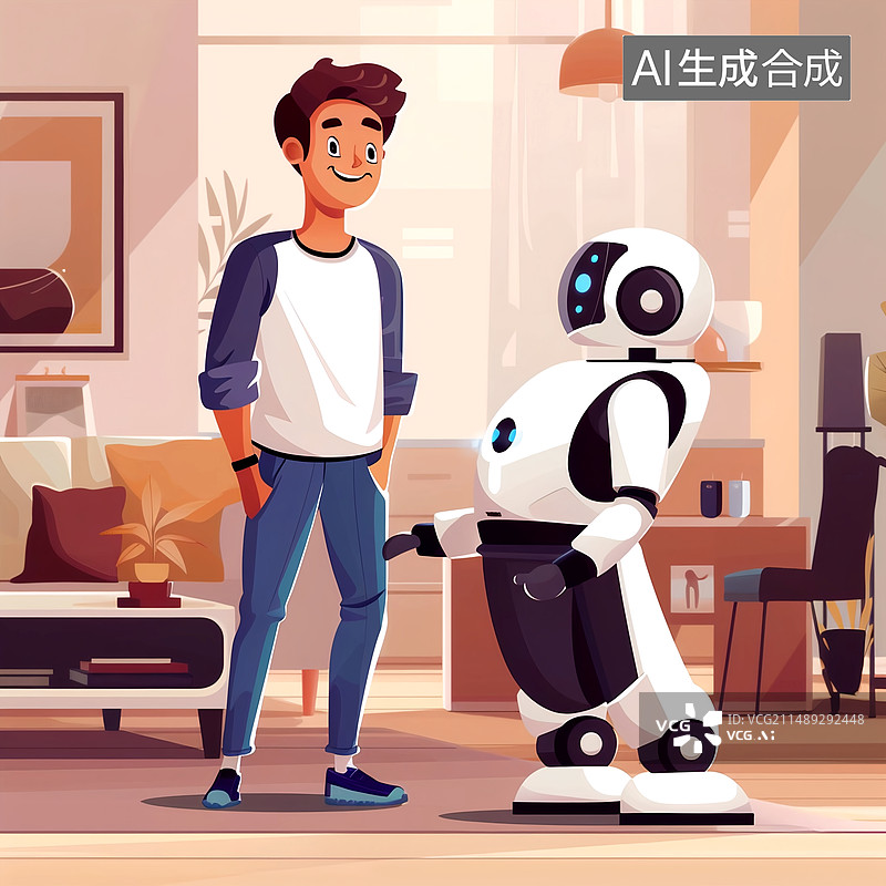 【AI数字艺术】人和居家服务机器人插画风格图片图片素材