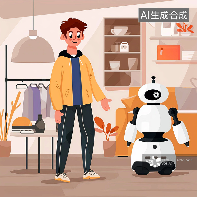 【AI数字艺术】人和居家服务机器人插画风格图片图片素材