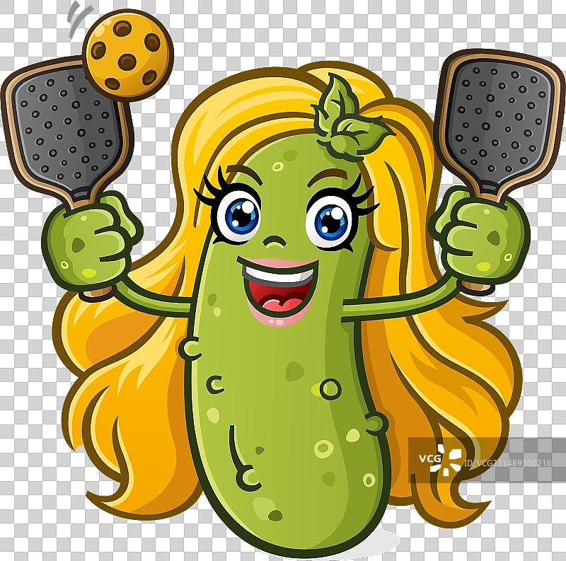 拿着匹克球装备的金发女孩卡通形象图片素材