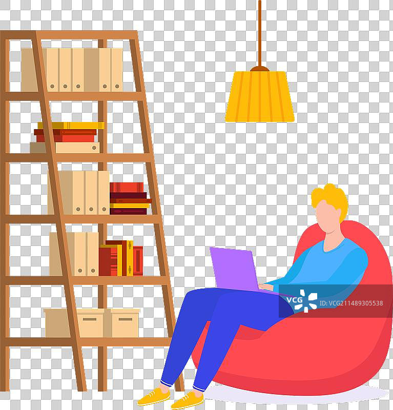 年轻男子坐在豆袋椅上使用图片素材