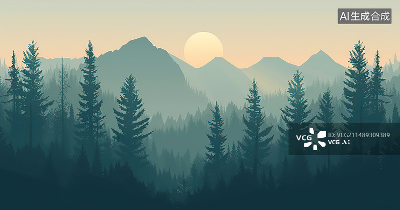 【AI数字艺术】夕阳下的天空衬托着风景的树木图片素材