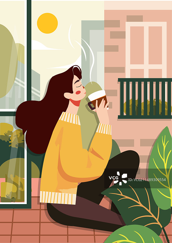 都市女孩生活休闲咖啡矢量扁平风插画图片素材