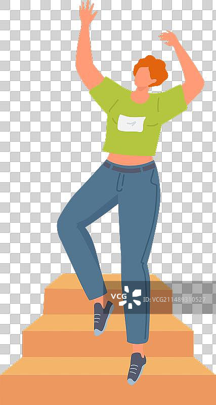 年轻人在楼梯顶庆祝成功图片素材