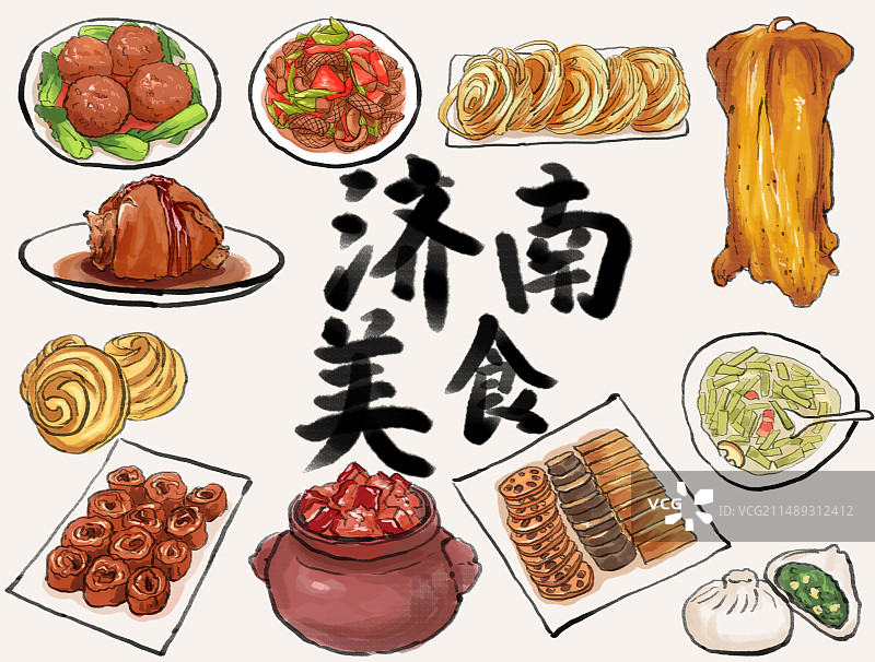 水墨风鲁菜济南美食插画图片素材