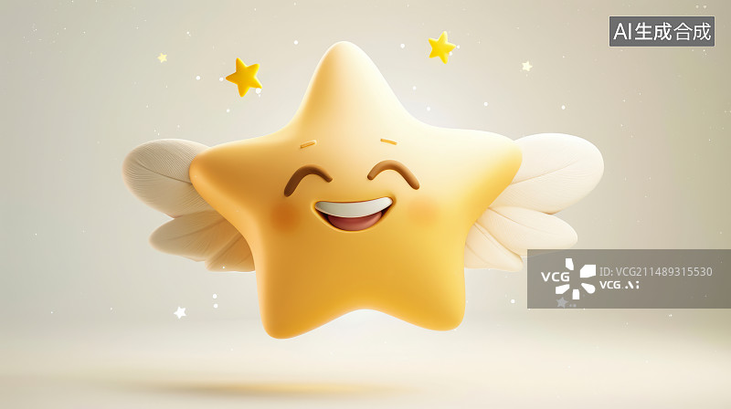 【AI数字艺术】纯色背景，一个3D可爱的星星笑脸表情，白色的翅膀图片素材