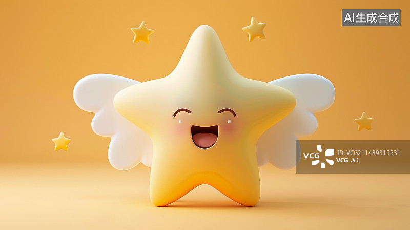 【AI数字艺术】纯色背景，一个3D可爱的星星笑脸表情，白色的翅膀图片素材