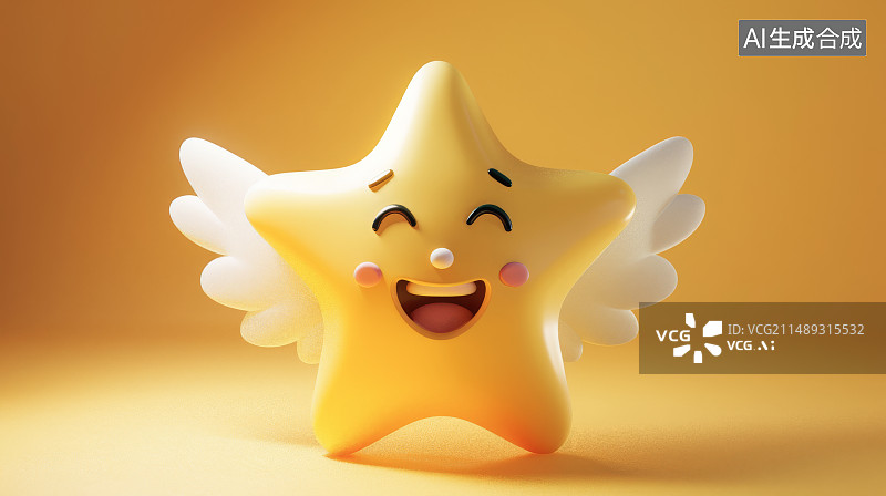【AI数字艺术】纯色背景，一个3D可爱的星星笑脸表情，白色的翅膀图片素材