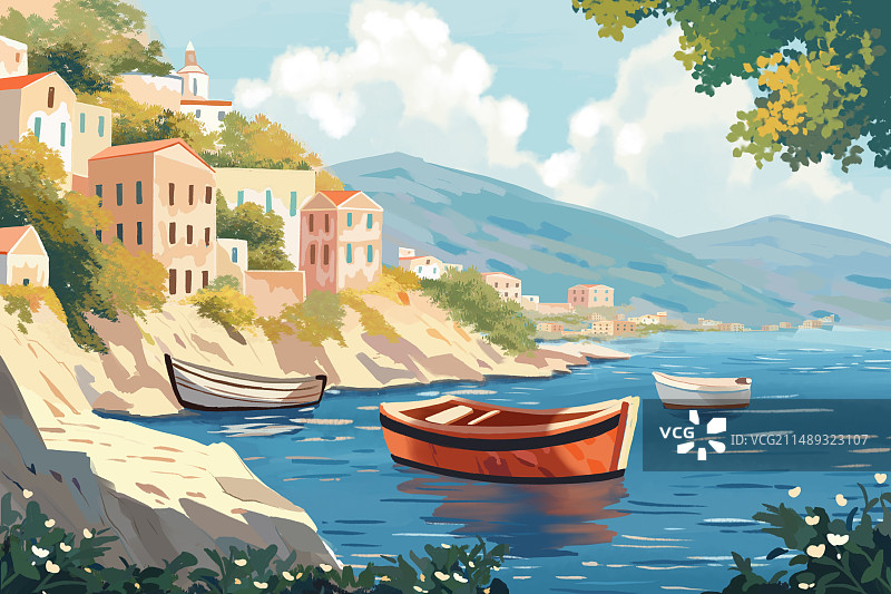 清新治愈自然大海小镇帆船悬崖风景插画壁纸背景封面海报杂志图片素材