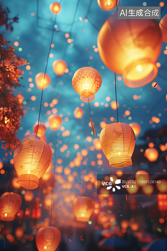 【AI数字艺术】空中飞舞的孔明灯插画图片素材