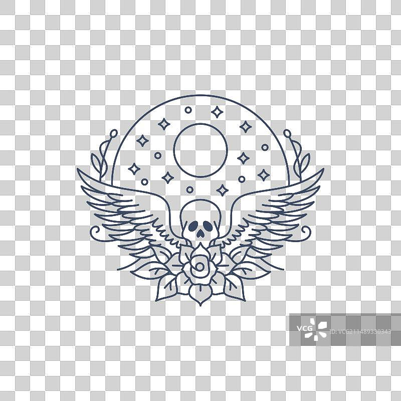 带翅膀和花朵线条艺术的骷髅图标标志图片素材