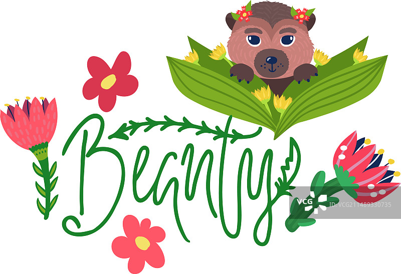 手写可爱熊鲜花美术字图片素材