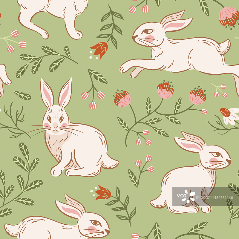 奔跑和坐姿兔子复活节无缝图案图片素材