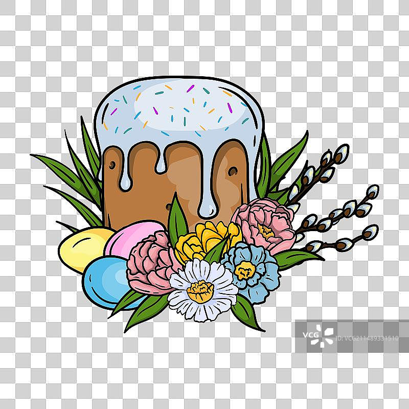 鲜花中的复活节蛋糕、猫柳和彩蛋图片素材