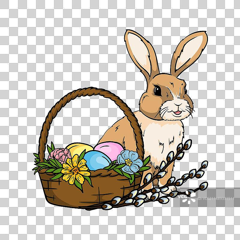 复活节兔子与彩蛋、鲜花和柳条篮子图片素材