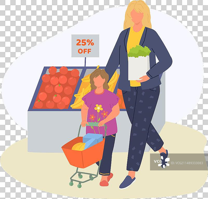 金发女人和女儿在购物车里购买商品图片素材