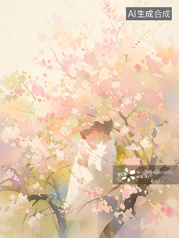 【AI数字艺术】繁华盛开的树林里的一对爱的青年伴侣侧面视角情侣图片素材