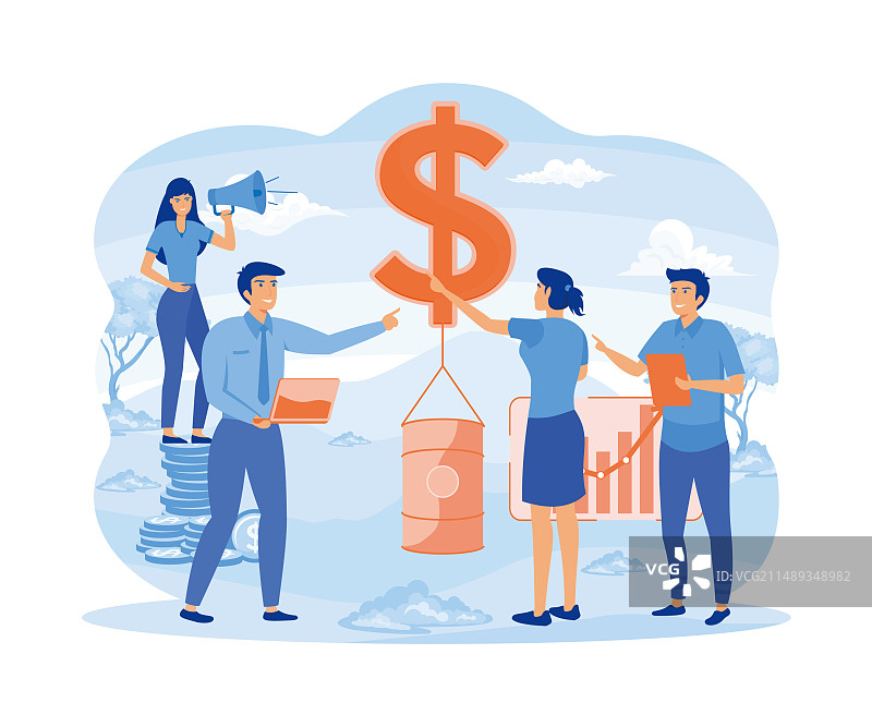站在钱堆上的石油价格增长女性图片素材