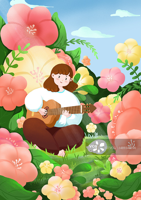 春天花园弹吉他扁平机理快乐插画图片素材
