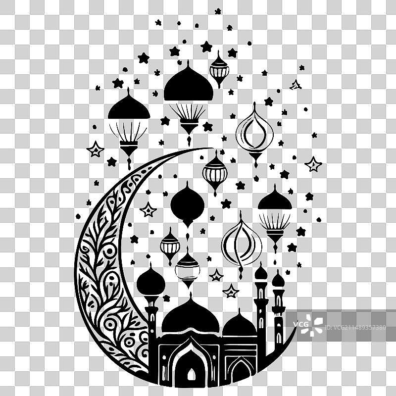 斋月悬挂灯笼月亮清真寺手绘草图图片素材