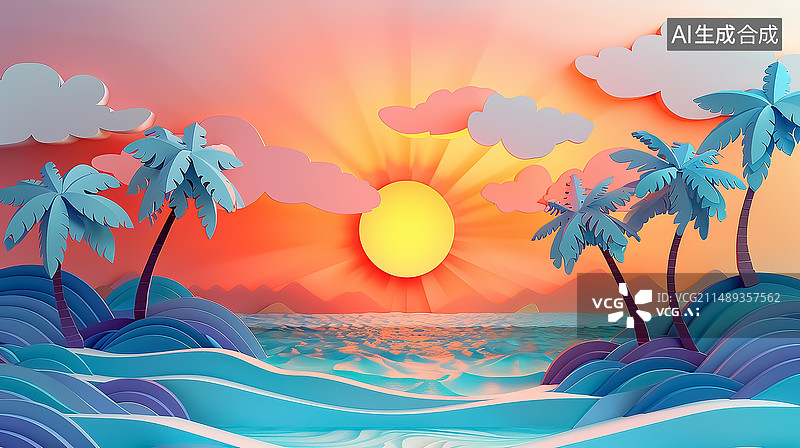 【AI数字艺术】剪纸风格海边美景图片素材