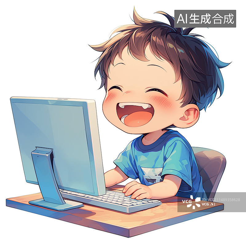 【AI数字艺术】在电脑前学习的男孩图片素材