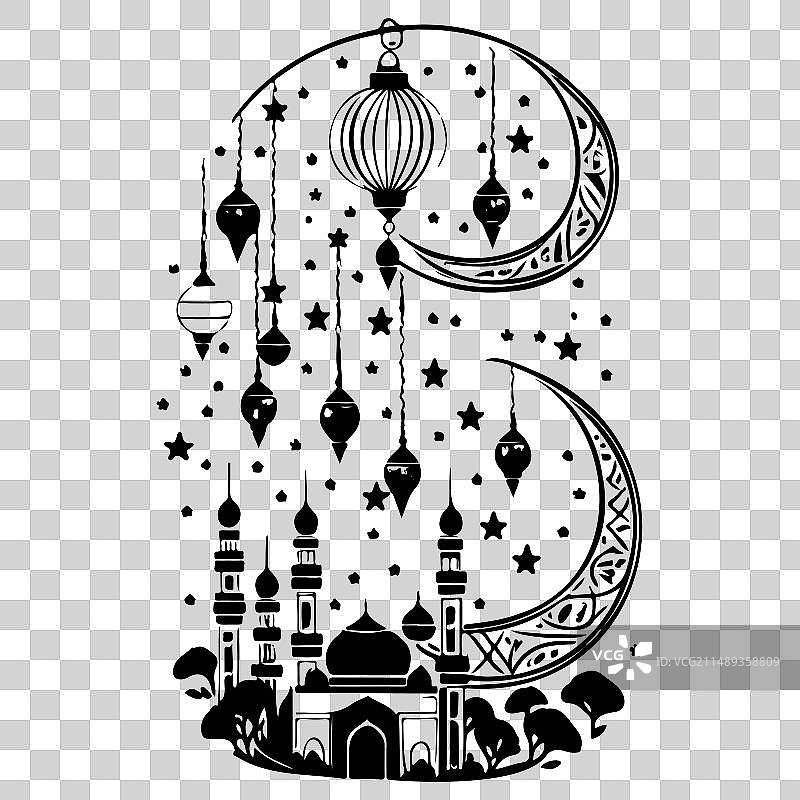 斋月悬挂灯笼月亮清真寺手绘草图图片素材