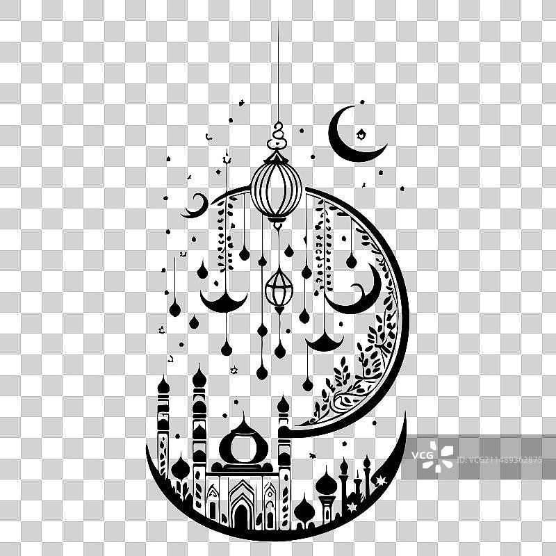 斋月悬挂灯笼月亮清真寺手绘草图图片素材