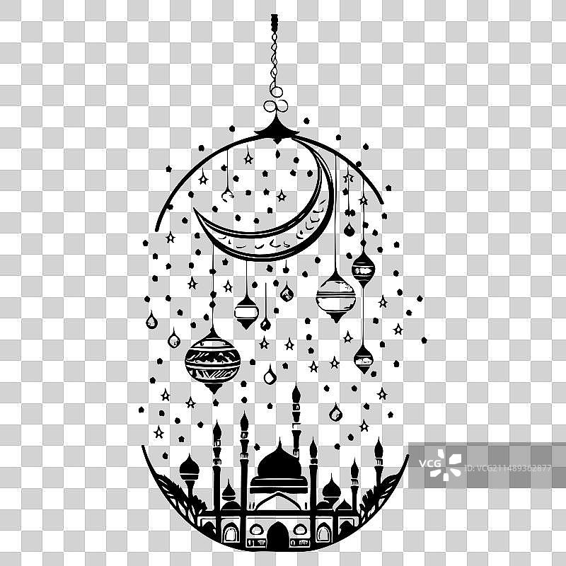 斋月悬挂灯笼月亮清真寺手绘草图图片素材
