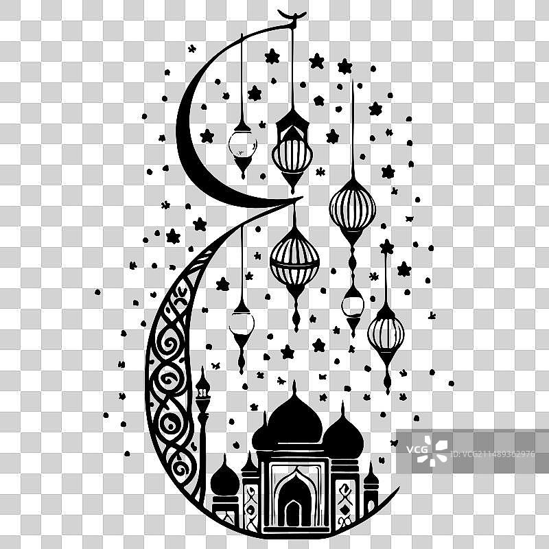斋月悬挂灯笼月亮清真寺手绘草图图片素材