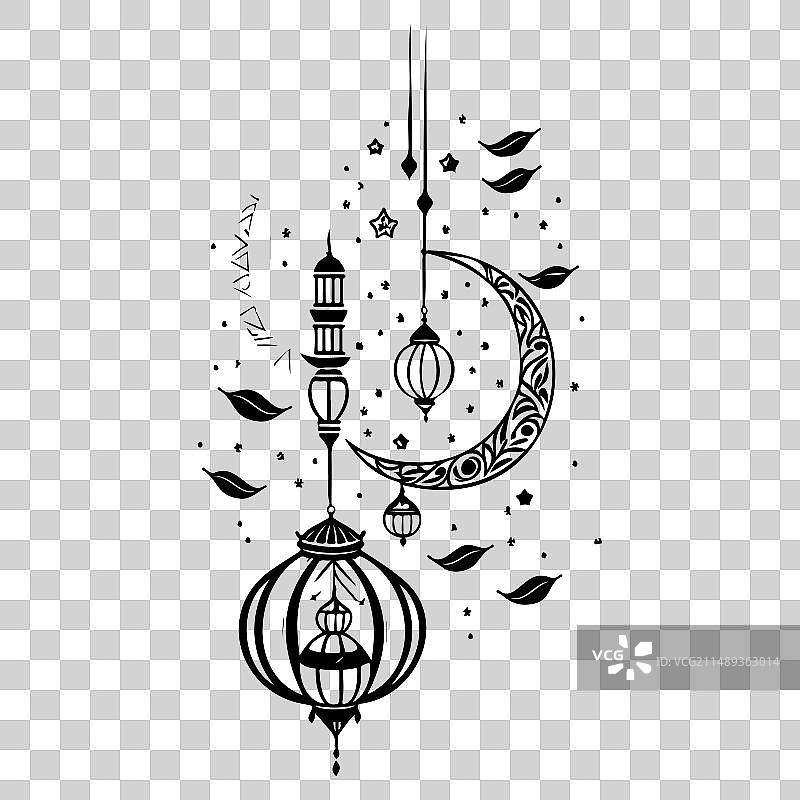 斋月悬挂灯笼月亮清真寺手绘草图图片素材