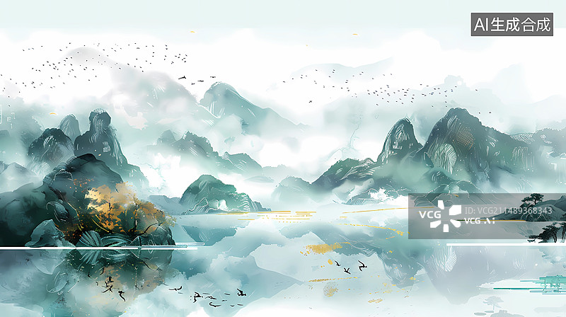 【AI数字艺术】国风水墨山水背景插画图片素材