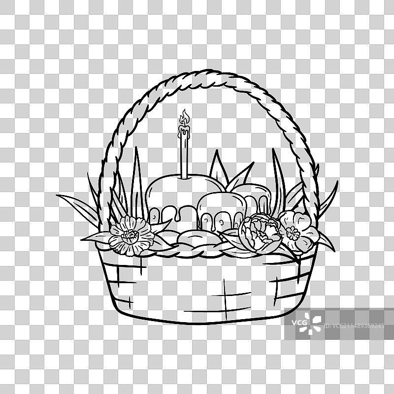 复活节蛋糕篮子、彩蛋、教堂蜡烛和鲜花图片素材