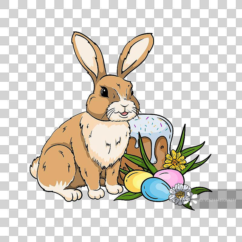 兔子在鲜花旁，靠近复活节蛋糕和彩蛋图片素材