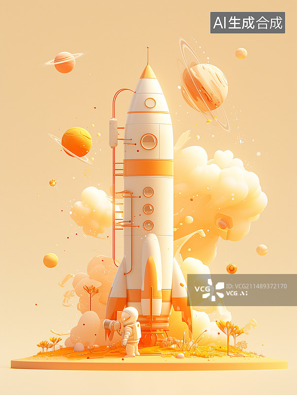 【AI数字艺术】火箭 飞机 宇宙飞船 上天  科技 黄色图片素材