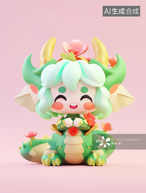 【AI数字艺术】中国龙可爱形象卡通3D泡泡玛特风纯色背景图片素材