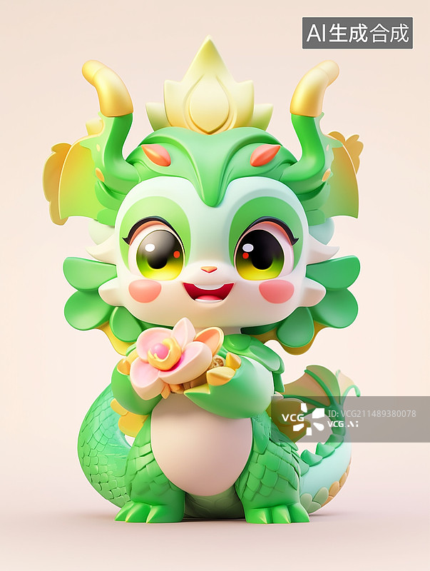 【AI数字艺术】中国龙可爱形象卡通3D泡泡玛特风纯色背景图片素材