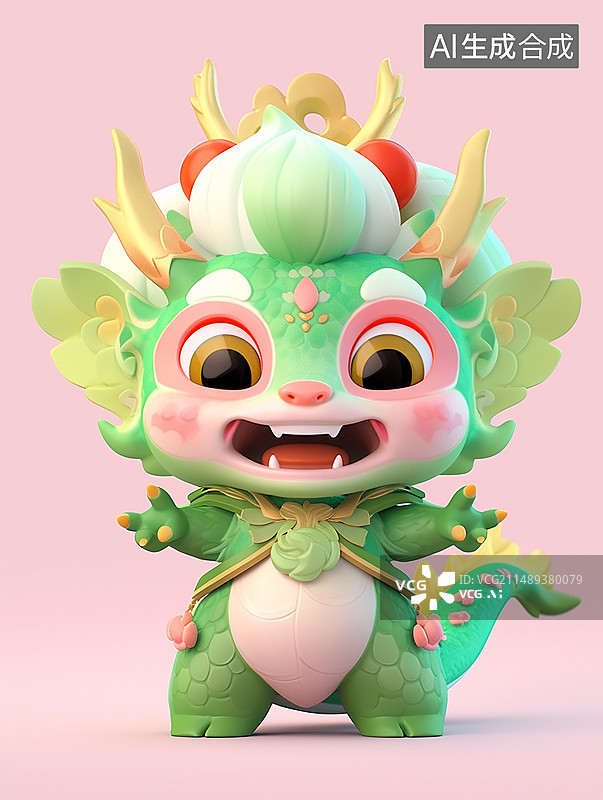 【AI数字艺术】中国龙可爱形象卡通3D泡泡玛特风纯色背景图片素材