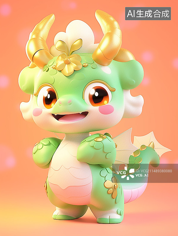 【AI数字艺术】中国龙可爱形象卡通3D泡泡玛特风纯色背景图片素材