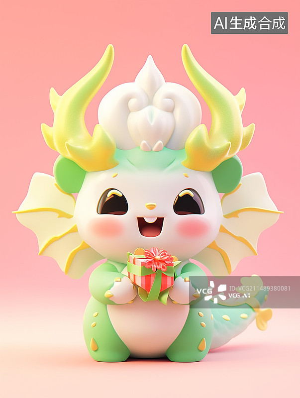 【AI数字艺术】中国龙可爱形象卡通3D泡泡玛特风纯色背景图片素材